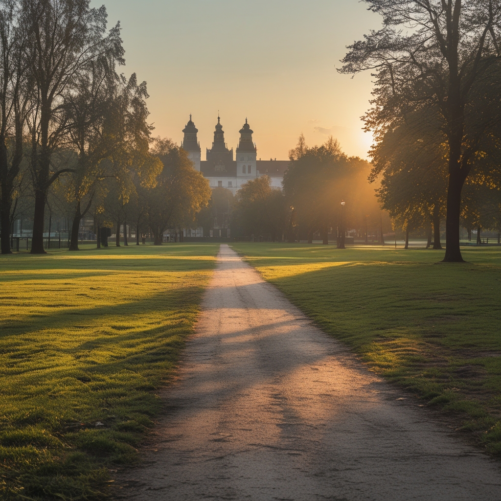 Ruhiger Stadtpark in Deutschland mit weiten Wegen und natürlichem Grün, leer, mit warmem Nachmittagslicht