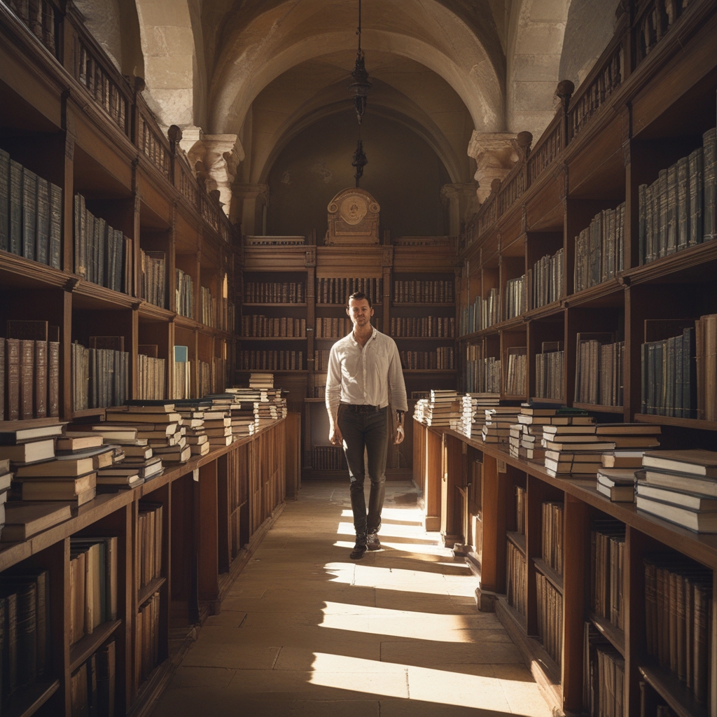 Alte Bibliothek oder Archiv mit Holzregalen voller gebundener Bücher, warmes gedämpftes Licht, akademische Atmosphäre ohne Personen