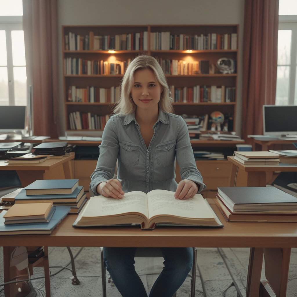 Schreibtisch mit aufgeschlagenen Fachbüchern und Notizen in warmem Lampenlicht, akademisches Studiensetting ohne Personen