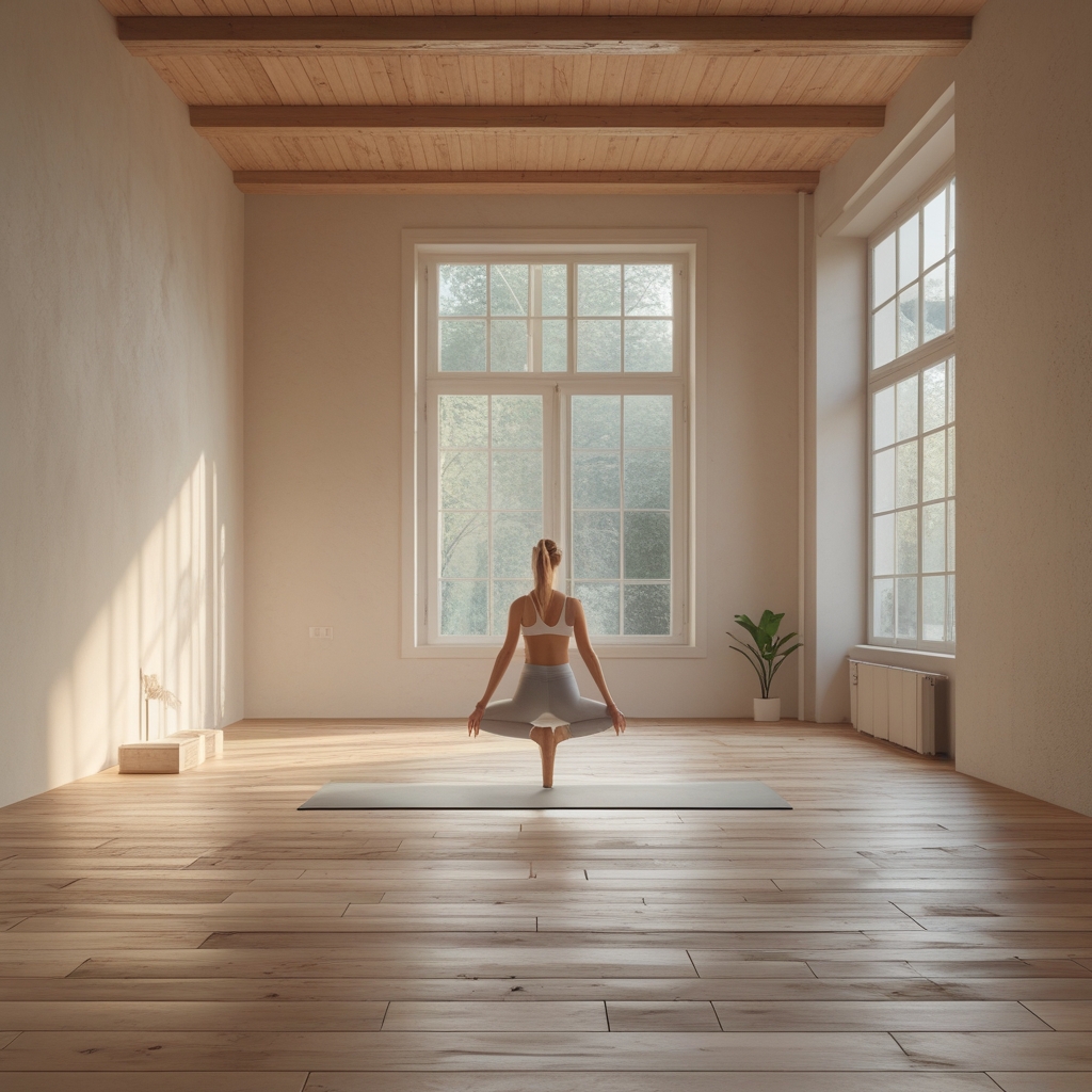 Leeres, helles Yogastudio mit Holzboden und ruhiger Atmosphäre, ohne Personen, natürliches Licht durch hohe Fenster